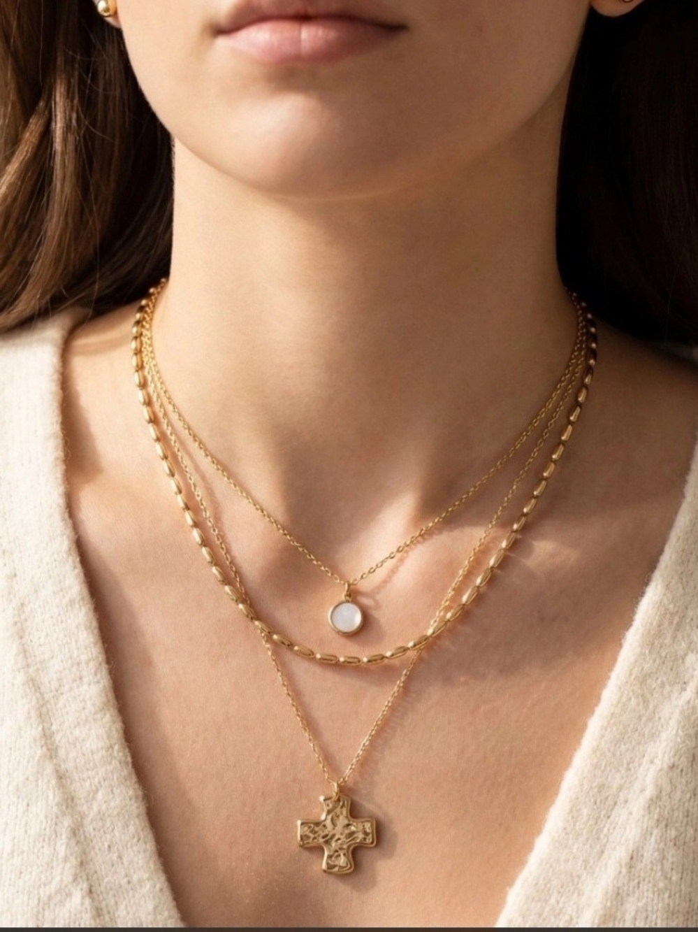 Layered Gold Necklace Set with Mother-of-Pearl Disc and Cross Pendant